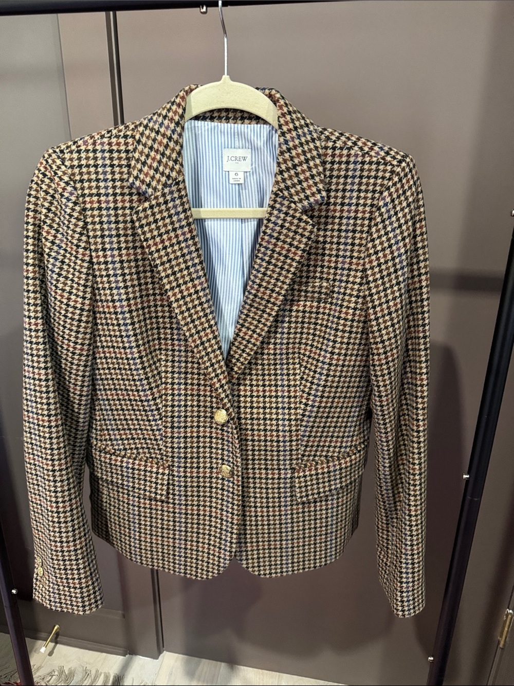 J. Crew Multi-Tone Houndstooth Wool Blazer with Gold Buttons